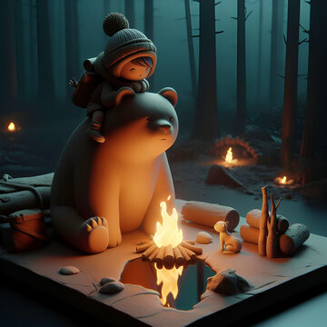 bonfire with a little bear