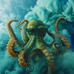 Obraz premium crazy octopus with sunglasses in blue smoke