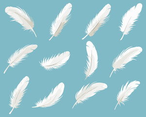 Flying white feathers. Angels wings plume feather set isolated on blue, elegant soft feathering elements vector objects