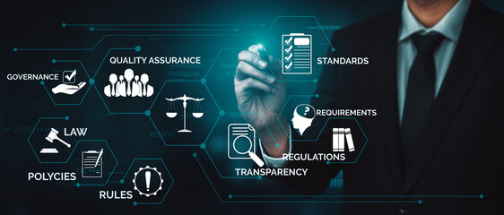 Compliance rule law and regulation graphic interface for business quality policy planning to meet international standard. uds - obrazy, fototapety, plakaty