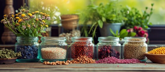Food supplements and granules for homeopathy, with a panoramic view.
