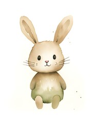 Watercolor Drawing of a khaki Bunny on a white Background. Easter Card Template with Copy Space