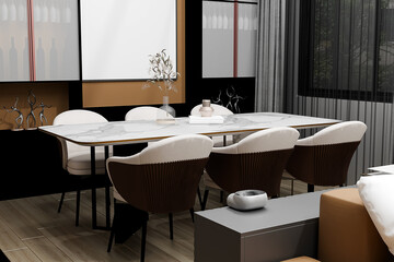Stylish and botany interior of dining room with table, chairs, furniture, a lof of plants, 3d render