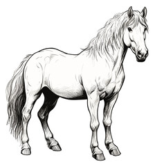 Horse sketch. Standing horses portrait artwork, equine black drawing graphics on white background