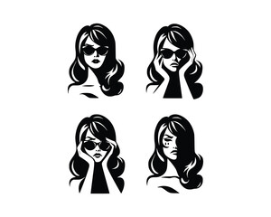 set of black and white of a woman in glasses . woman  illustration with different facial expression