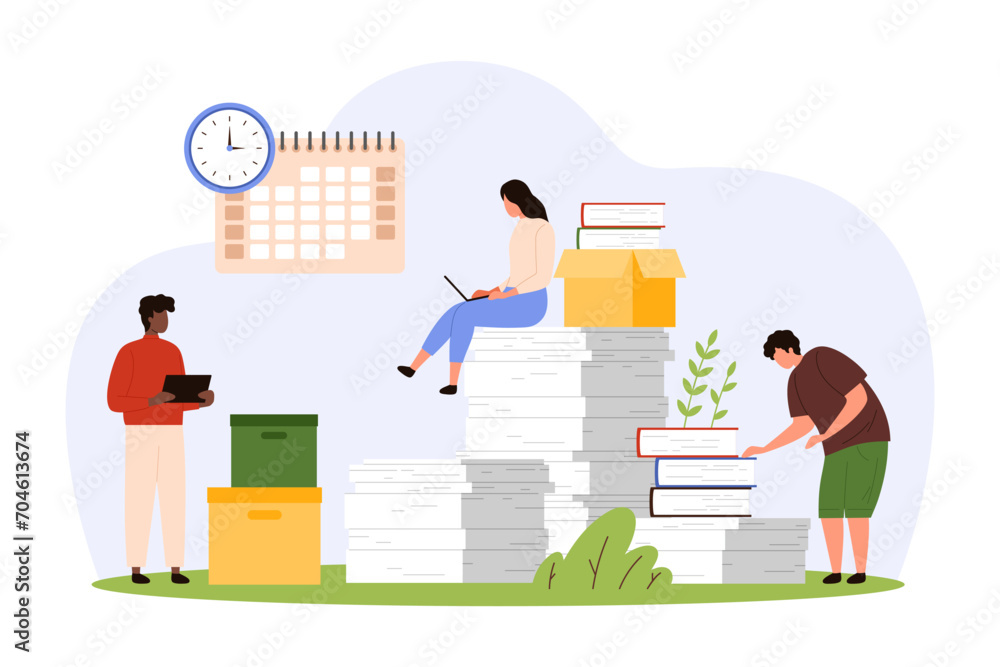Poster office paperwork organization and data management. busy tiny people work with big stack of paper doc