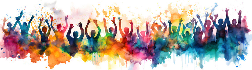 Silhouettes of people with hands up, colorful watercolor style