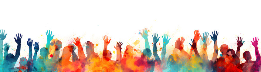 Silhouettes of people with hands up, colorful watercolor style - obrazy, fototapety, plakaty