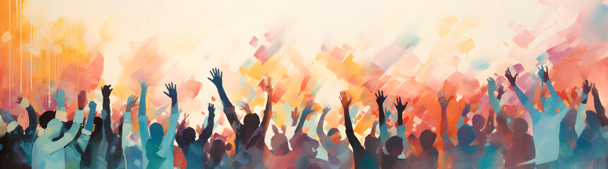 Silhouettes of people with hands up, colorful watercolor style - obrazy, fototapety, plakaty
