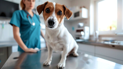 Fototapety  Cute Jack Russell terrier dog sitting on a table in a veterinary clinic. Puppy with female vet doctor in a cabinet