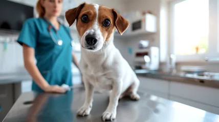 Gartenposter Cute Jack Russell terrier dog sitting on a table in a veterinary clinic. Puppy with female vet doctor in a cabinet © grethental