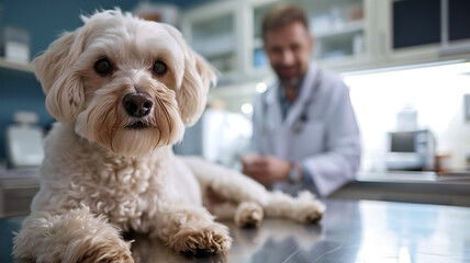 Maltese bichon dog lying on a table in a veterinary clinic. Poodle puppy and male vet doctor in a cabinet - obrazy, fototapety, plakaty