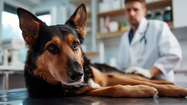 German shepherd dog lying on a table in a veterinary clinic. Sheepdog puppy and male vet doctor in a cabinet