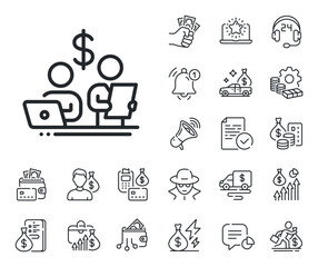 Money investment sign. Cash money, loan and mortgage outline icons. Budget accounting line icon. Stock shares traders symbol. Budget accounting line sign. Credit card, crypto wallet icon. Vector