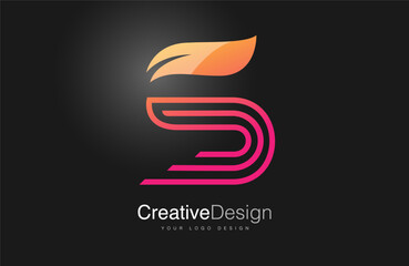 Pink Orange S letter Logo Design Icon. Creative s letter with green leaf and monogram lines