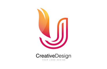 Purple Orange U letter Logo Design Icon. Creative u letter with leaf and monogram lines