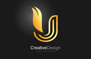Golden Gold U letter Logo Design Icon. Creative u letter with leaf and monogram lines