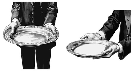Waiters hands with trays vintage style engraving. Waiter in tuxedo serving empty tray retro ething vector illustration - obrazy, fototapety, plakaty