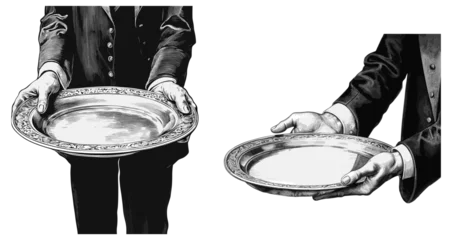Foto op Plexiglas Waiters hands with trays vintage style engraving. Waiter in tuxedo serving empty tray retro ething vector illustration © LadadikArt