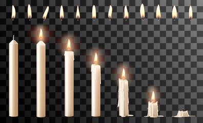 Set of realistic white burning candles and fire flames with wick different shapes isolated on transparent background. Realistic burning candles for animation. 3d vector illustration.