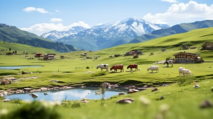 Cows grazing in a lush green alpine meadow with snow capped mountains in the distance