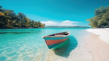 Small boat anchored in shallow water near a palm tree covered shore