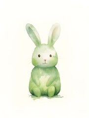 Obraz premium Watercolor Drawing of a light green Bunny on a white Background. Easter Card Template with Copy Space