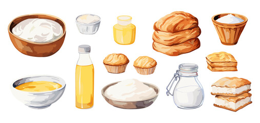 Baking ingredients watercolor style elements. Flour and sugar in bowls, oil and salt. Isolated bread and cupcakes, vector food illustration