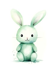 Watercolor Drawing of a light green Bunny on a white Background. Easter Card Template with Copy Space
