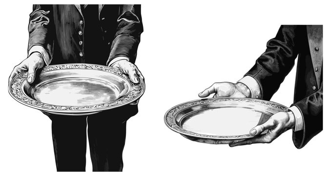 Waiters hands with trays vintage style engraving. Waiter in tuxedo serving empty tray retro ething vector illustration