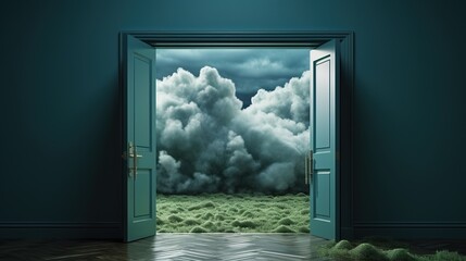 Green door opening to a surreal landscape with clouds and a grassy field
