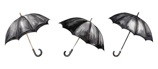 Black isolated umbrellas canes. Rainy weather symbols, unisex opened umbrella. Decorative business fashion accessories vector clipart