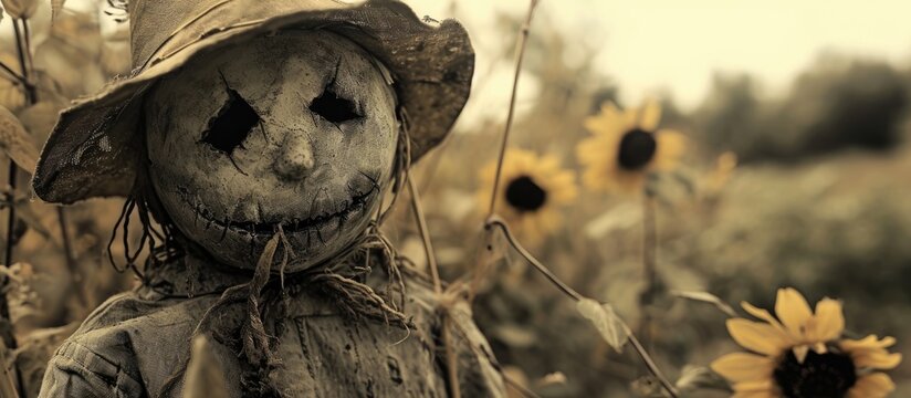 Artistic image of a desaturated, rural-themed scarecrow in a shabby and dirty garden, in close-up. - Powered by Adobe