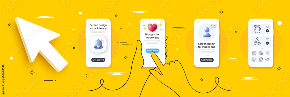 Poster megaphone checklist, checked file and recruitment line icons pack. phone screen mockup with 3d alert