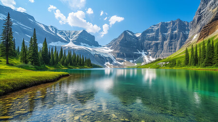 The icy mountain range looms over the shimmering sapphire lake, which is so clear even tiny pebbles on the lake bed are visible through its pristine waters