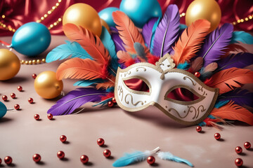 Carnival decoration concept made from mask and feathers on festive background