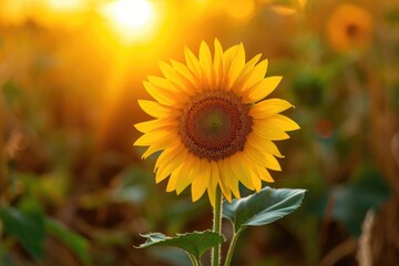Golden hour sunlight illuminating a single sunflower