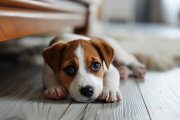 Cute jack russell terrier puppy lying on the floor near the bed at home, the dog is bored