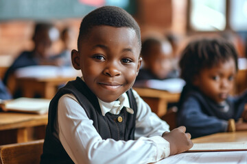 portrait of a happy black boy with short hair, junior high school student sitting at a desk with textbooks and notebooks, concept of school life, lesson preparation, educational projects and research