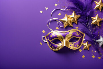Carnival decoration concept made from mask and feathers on purple background