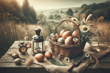  Vintage style Easter eggs in a countryside setting. - Powered by Adobe