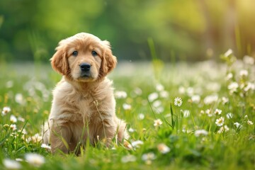 A golden retriever puppy sitting in a grassy field with wildflowers