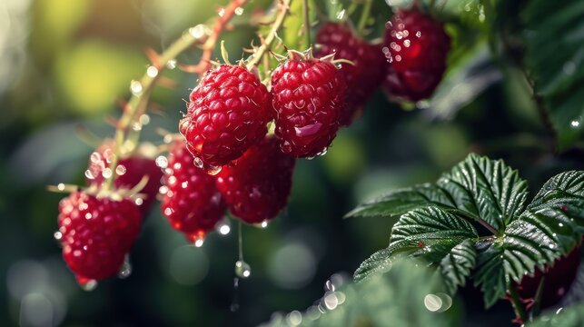 A close-up view of a raspberry plant reveals a sweet and ripe berry harvest, complemented by water droplets, showcasing the success of gardening efforts.