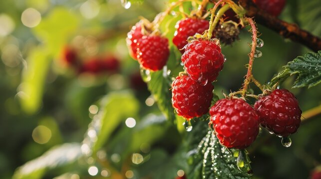 Ripe red raspberries, adorned with water droplets, hang from a flourishing bush in the garden, showcasing a bountiful and sweet harvest.