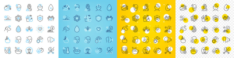 Vector icons set of Cook, Skin care and Heartbeat line icons pack for web with Medical mask, Umbrella, Vegetables outline icon. Face id, Nurse, Coronavirus pictogram. Fever, Juice, Oil serum. Vector