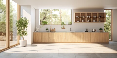 Contemporary wooden kitchen with nature view, white tile floors, big windows, and abundant sunlight from garden. - obrazy, fototapety, plakaty