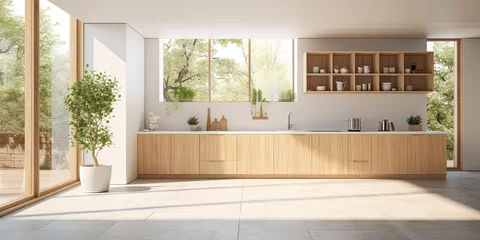 Gartenposter Contemporary wooden kitchen with nature view, white tile floors, big windows, and abundant sunlight from garden. © Vusal
