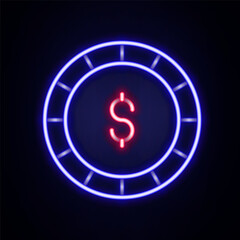 Glowing neon line Casino chip with dollar symbol icon isolated on brick wall background. Casino gambling. Colorful outline concept. Vector