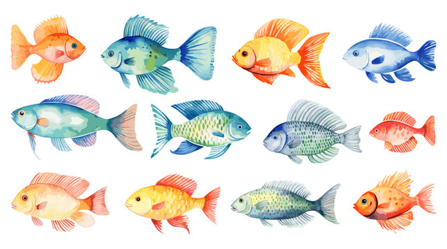 Isolated watercolor fish, decorative and ocean marine characters for aquarium. Sea life, underwater animals vector collection