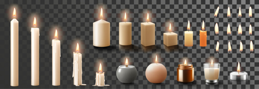 Set of scented wax candles of different sizes and shapes and colors isolated on transparent background. Candles in a candlesticks, burning, and fire flames with wick. Realistic 3d vector illustration